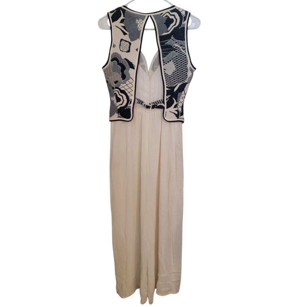 Cache Vintage Tapestry Vest Jumpsuit One Piece 80S Rhinestone Studded Mesh Panel - Picture 2 of 16